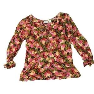 Newport News Vintage Silk Dark Floral Long Sleeve Elegant Peasanr Blouse Size 6